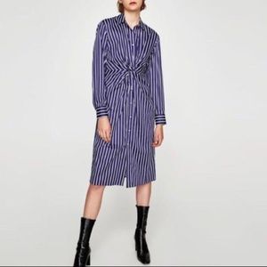 ZARA Striped Blue/white shirt dress with knotted waist detail XS